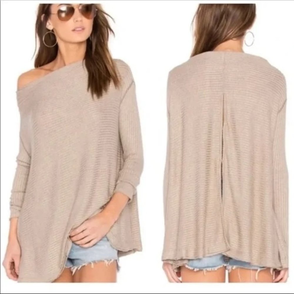 New Free People XS Lover Rib Split Back Top Taupe Brown Oversized Long Sleeve